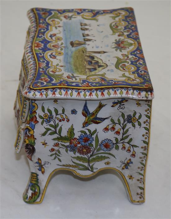 A French faience model of a two drawer commode, late 19th century, width 20.5cm (8in.)